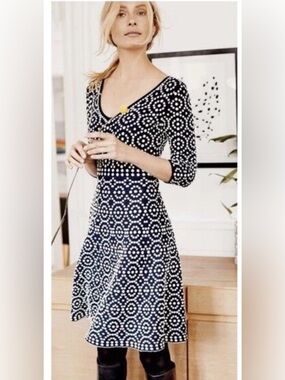 Boden Annabel Knit A Line Fit and Flare Polka Dot Dress 3/4 Sleeve Size 6R